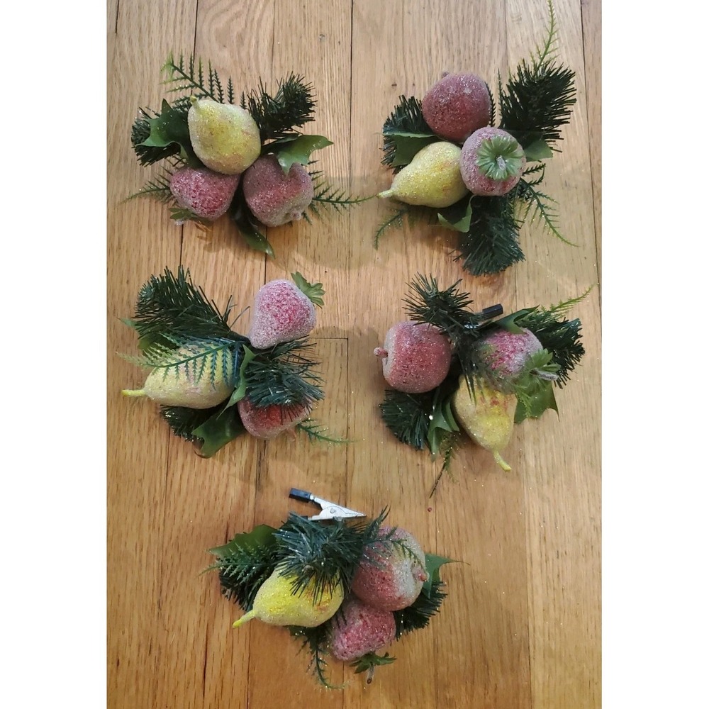 Vtg Set Sugared Fruit Clip-On Christmas Tree Picks Ornaments Pear Strawberry App